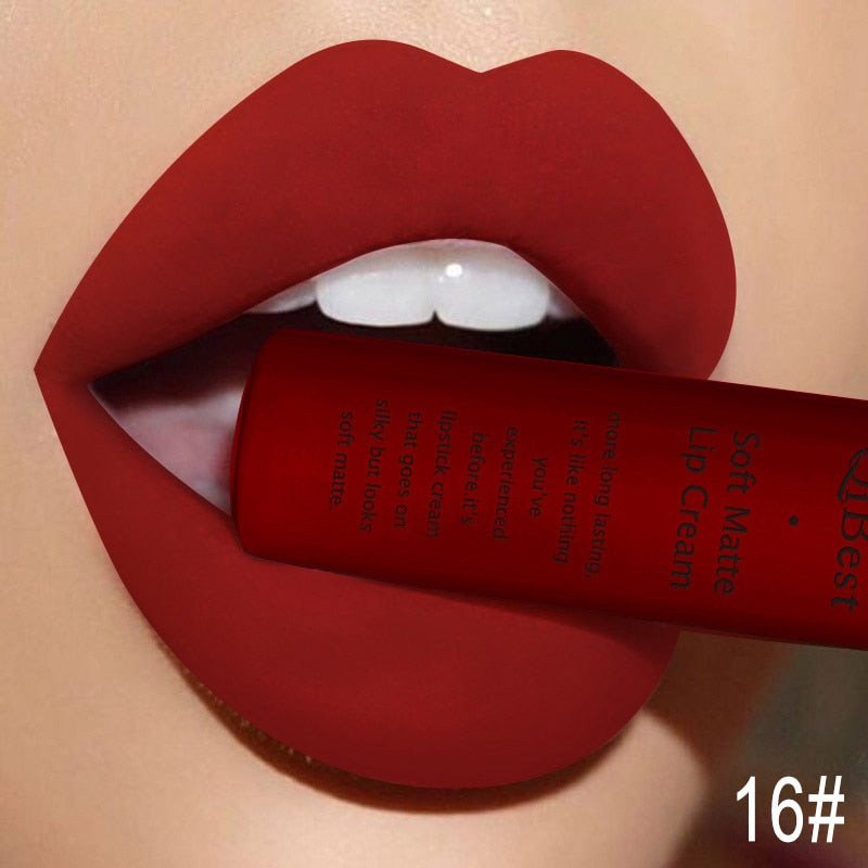 QIBEST Matte Liquid Lipstick Waterproof LongLasting Velvet Nude Red Lip Gloss Tint Black Color Lipgloss Maquiagem For Lip Makeup 16
