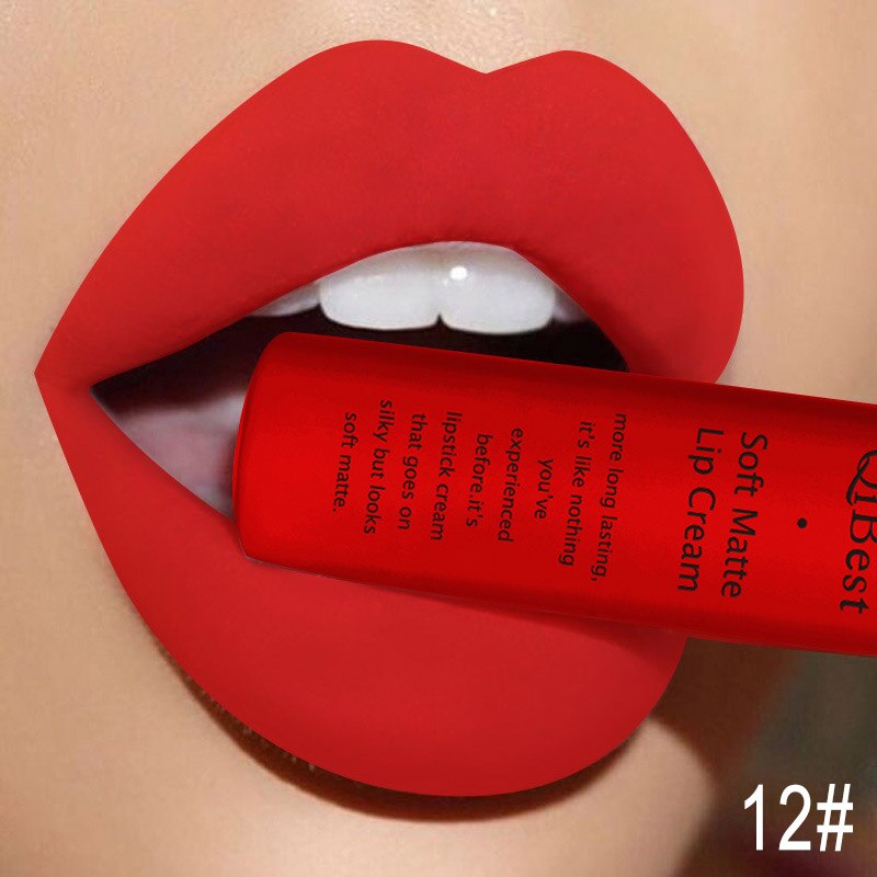 QIBEST Matte Liquid Lipstick Waterproof LongLasting Velvet Nude Red Lip Gloss Tint Black Color Lipgloss Maquiagem For Lip Makeup 12