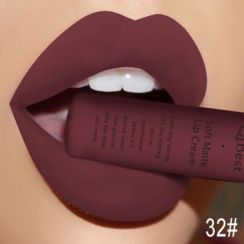 QIBEST Matte Liquid Lipstick Waterproof LongLasting Velvet Nude Red Lip Gloss Tint Black Color Lipgloss Maquiagem For Lip Makeup 32
