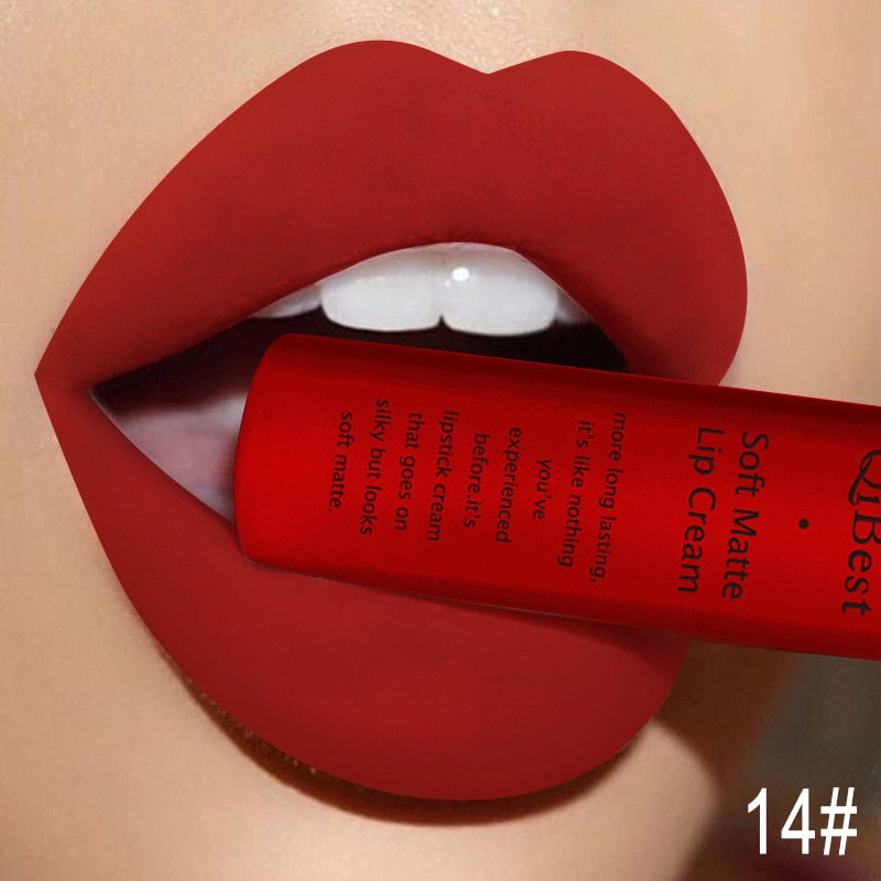 QIBEST Matte Liquid Lipstick Waterproof LongLasting Velvet Nude Red Lip Gloss Tint Black Color Lipgloss Maquiagem For Lip Makeup 14