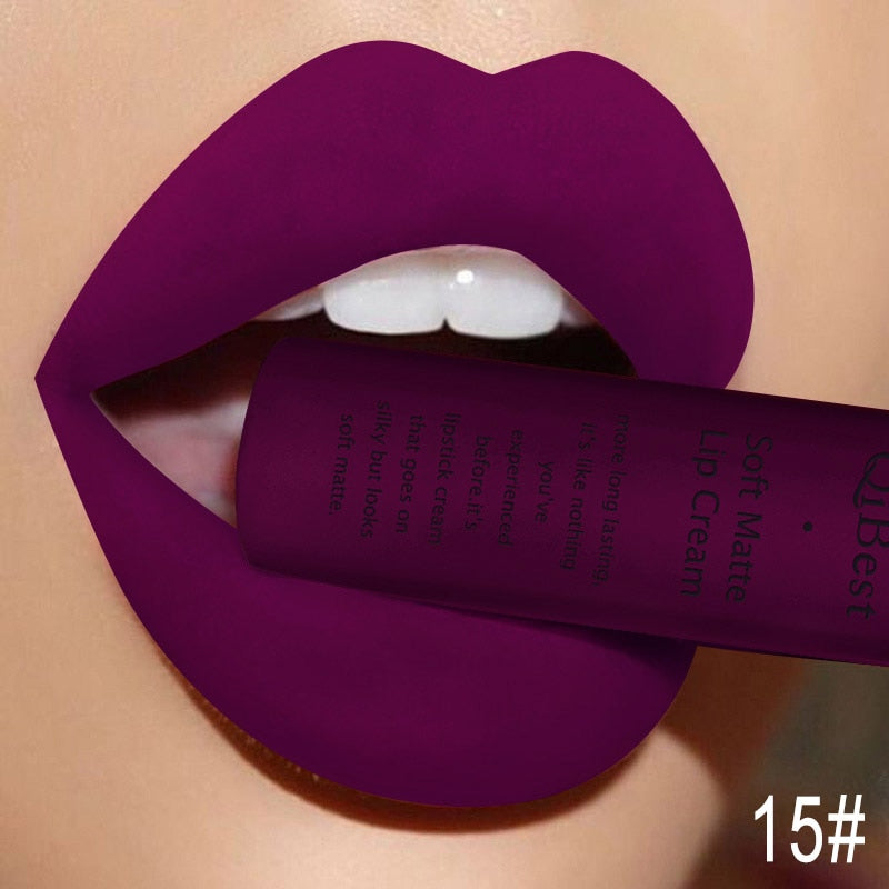 QIBEST Matte Liquid Lipstick Waterproof LongLasting Velvet Nude Red Lip Gloss Tint Black Color Lipgloss Maquiagem For Lip Makeup 15