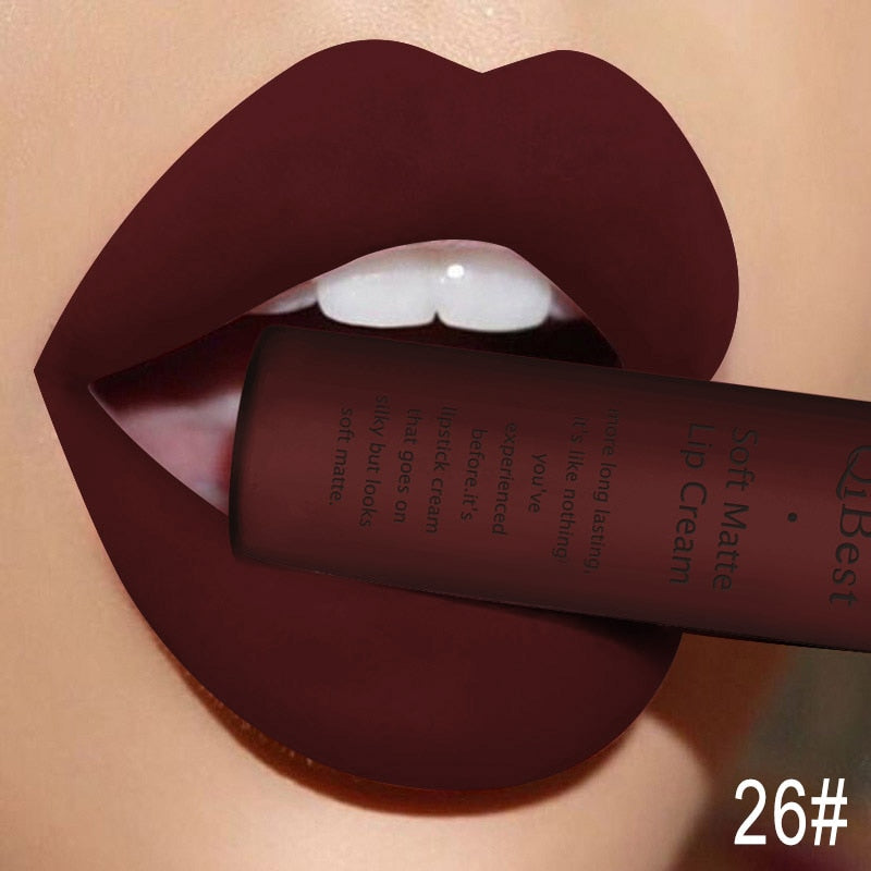 QIBEST Matte Liquid Lipstick Waterproof LongLasting Velvet Nude Red Lip Gloss Tint Black Color Lipgloss Maquiagem For Lip Makeup 26