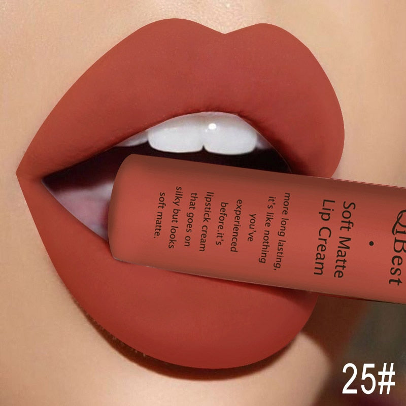 QIBEST Matte Liquid Lipstick Waterproof LongLasting Velvet Nude Red Lip Gloss Tint Black Color Lipgloss Maquiagem For Lip Makeup 25