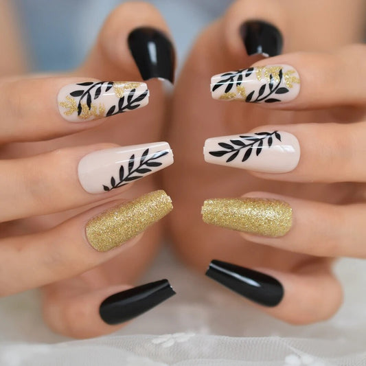Fashion Leaf Designed Coffin Fake Nails Gold Glitter Beige Black Gel Tapered Ballerina Press On Nails Long with Adhesive Tabs