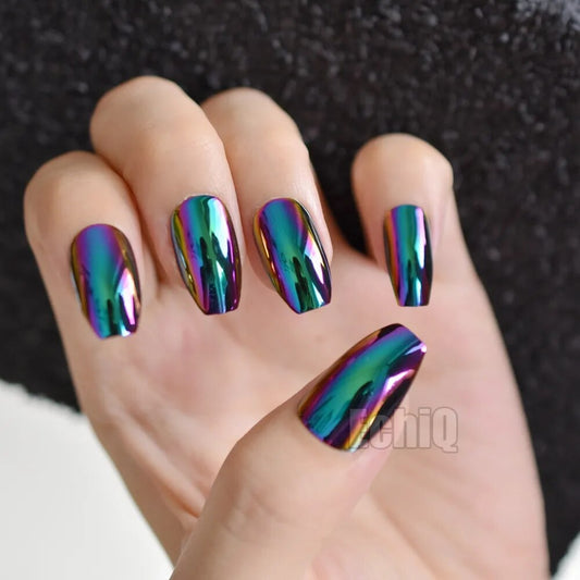 Super Holographic Blue Purple Coffin Nails Mirror Chrome Square Ladies Fake Nails Quality Tips for fingers Z905 Default Title