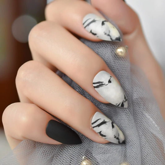 Black Matte Marble Press on Nails Matte Fake Fingernails Frosted Stiletto Nails Pointed Tips Grounded Version