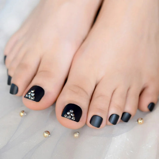Rock n Bling Artificial Toenail Art Matte Black Fake Nails for Toes with Rhinestones Style 3D Toe Nails with Adhesive Sticker