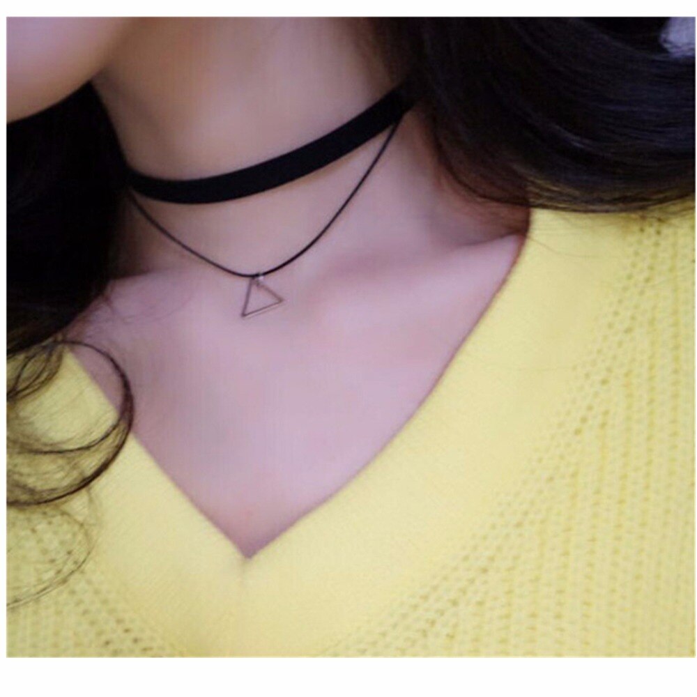 NK757 Hot Collares New Bijoux Gothic Punk Geometric Triangle Pendants Leather Choker Necklace For Women Jewelry Collar Collier