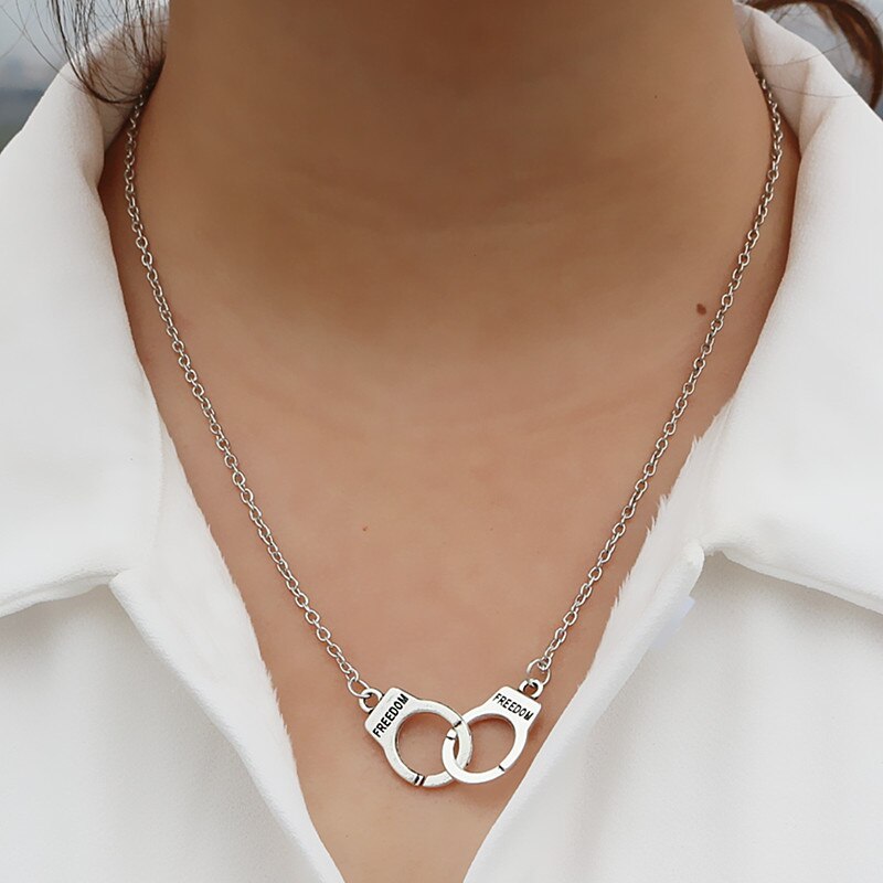 NK2039 Valentine's Day Gift Steampunk Men Women Jewelry Lover FREEDOM Handcuff Chain Pendant Neck Gift Bijoux Collar