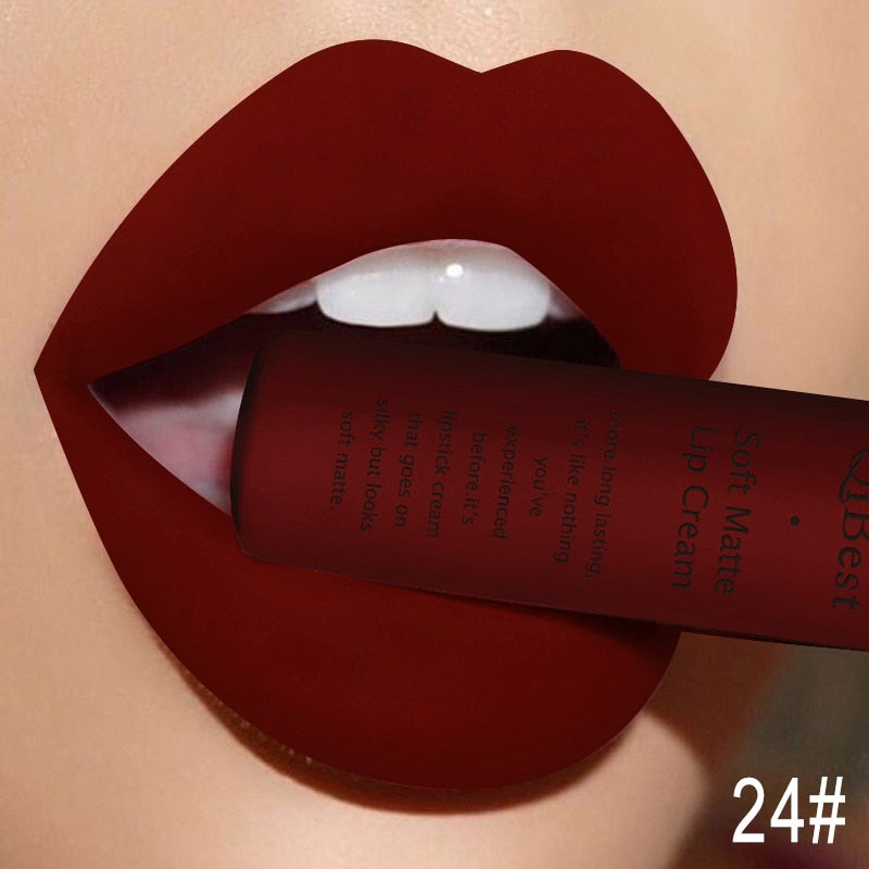 QIBEST Matte Liquid Lipstick Waterproof LongLasting Velvet Nude Red Lip Gloss Tint Black Color Lipgloss Maquiagem For Lip Makeup 24