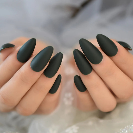 Almond Shape Press On Fingernails Dark Green False Nails Matte Solid Full Cover Nails Fake Tips With Sticky Tape