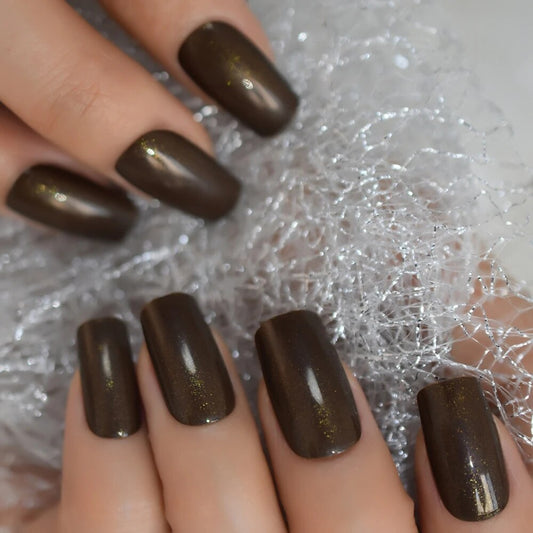 Glitter Glossy Faux Ongles Chocolate Brown Medium Long Square gel ABS False Nails with Shimmer Inside 24 Nail Kit