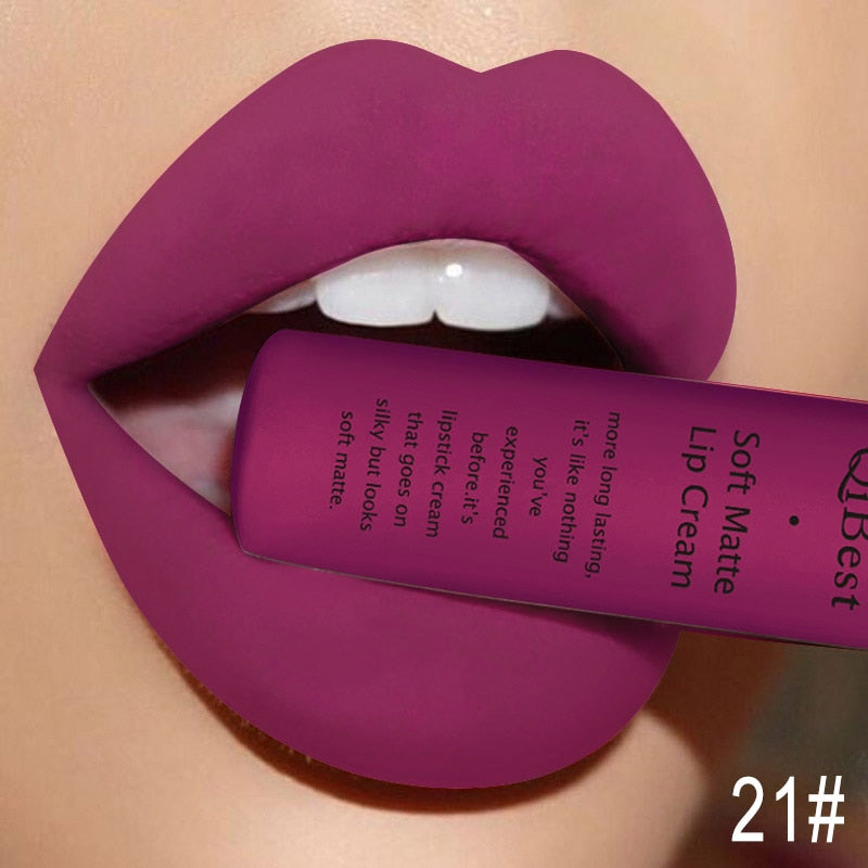 QIBEST Matte Liquid Lipstick Waterproof LongLasting Velvet Nude Red Lip Gloss Tint Black Color Lipgloss Maquiagem For Lip Makeup 21
