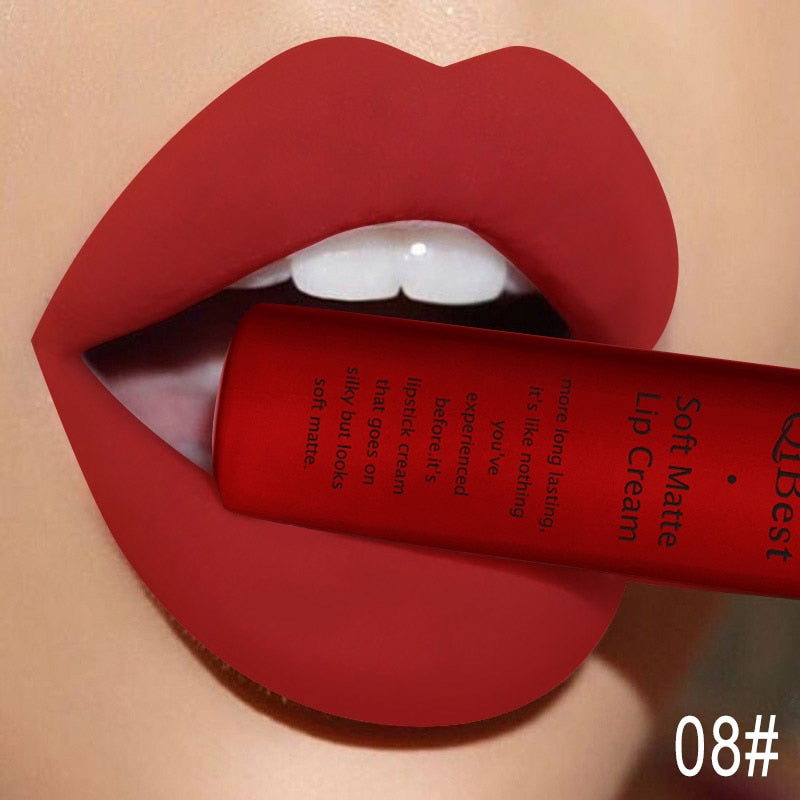 QIBEST Matte Liquid Lipstick Waterproof LongLasting Velvet Nude Red Lip Gloss Tint Black Color Lipgloss Maquiagem For Lip Makeup 8