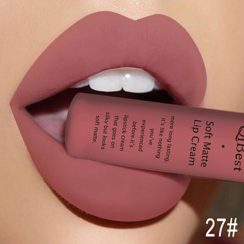 QIBEST Matte Liquid Lipstick Waterproof LongLasting Velvet Nude Red Lip Gloss Tint Black Color Lipgloss Maquiagem For Lip Makeup 27