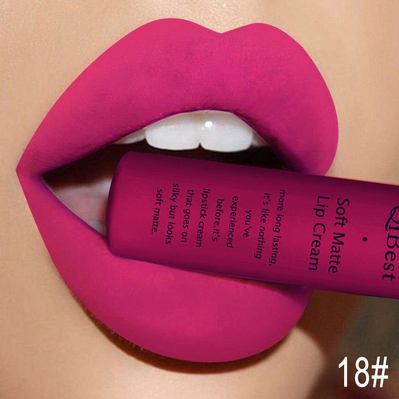 QIBEST Matte Liquid Lipstick Waterproof LongLasting Velvet Nude Red Lip Gloss Tint Black Color Lipgloss Maquiagem For Lip Makeup