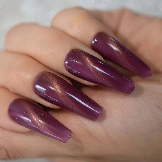 Hand Painted Fake Nails Extra Long Tapered Cat Eye Gel Nails Grape Purple Galaxry Charming Press On Nails 20 CT