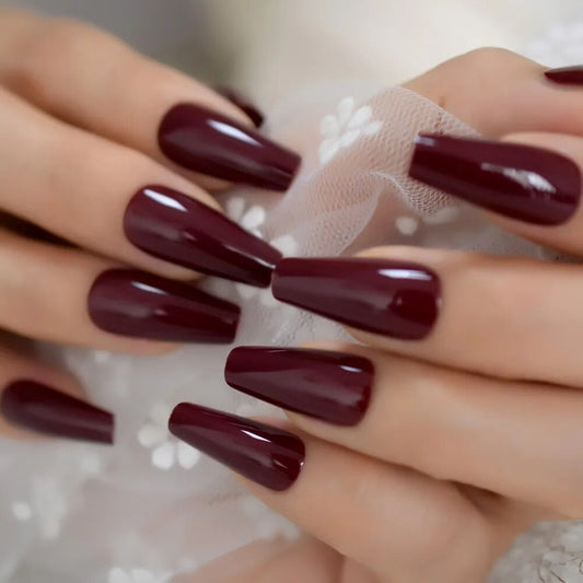 24pcs Medium-long Press On Nail Tips Fake Nails Art Solid Color Wine Red Glossy Manicure Full Coverage False Nails