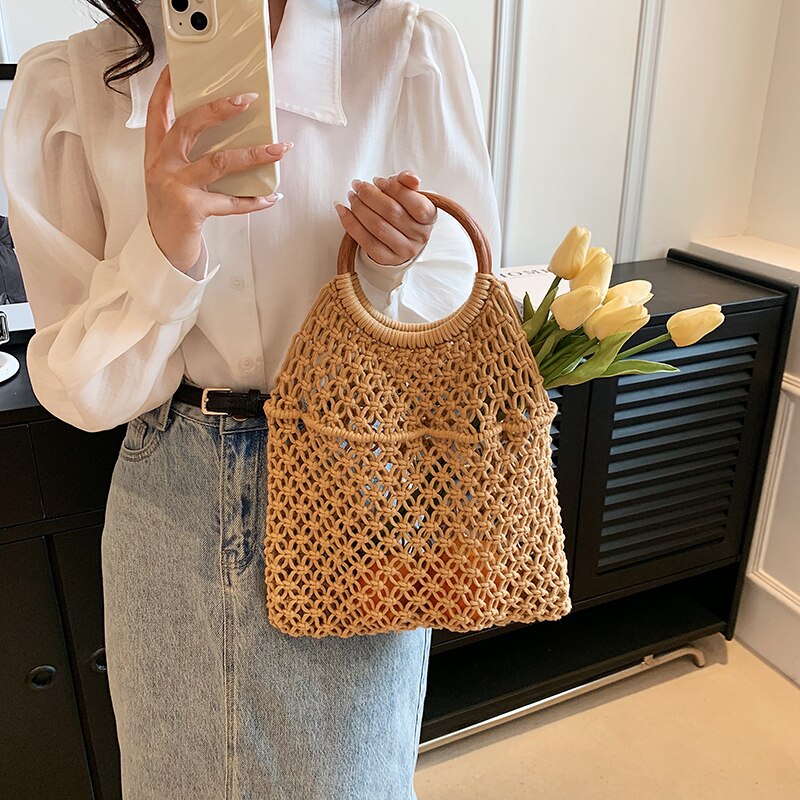 2023 Summer New Wooden Handle Woven Bag Women Solid Simple Hollow Out Handbags Vacation Beach Straw Bags Ladies Top-Handle Bags