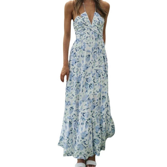 Women Summer Sexy Sleeveless Flower Print Dress V-Neck Backless Boho Chiffon Long Dress Vestidos