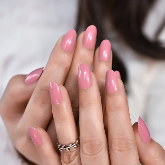 Solid Color Pure Pink Glossy Manicure At Home Medium Oval Fingernails Press On Nail Tips Fake Nails Art False Nails For Daily