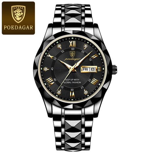 POEDAGAR Top Brand Luxury Man Wristwatch Waterproof Luminous Date Week Men Watches Stainless Steel Quartz Men&#39;s Watch Male reloj Black Black