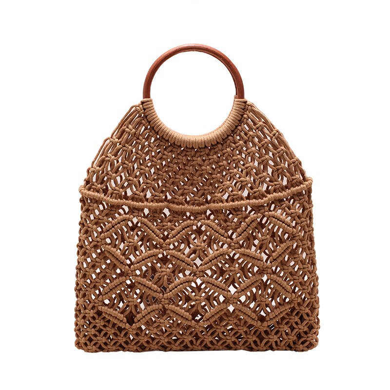 2023 Summer New Wooden Handle Woven Bag Women Solid Simple Hollow Out Handbags Vacation Beach Straw Bags Ladies Top-Handle Bags