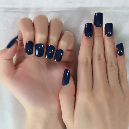 Glossy Full Cover Fingernails Dark Blue Uv Gel Fake Nails Art High Light Square Shape Good Quality Short Press On Nails Tabs