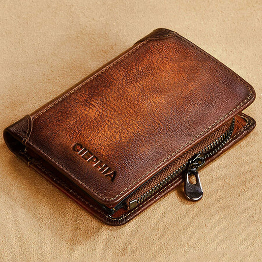 Genuine Leather Wallets for Men Vintage Short Multi Function Business Purse RFID Blocking Zipper ID Credit Card Holder Money Bag