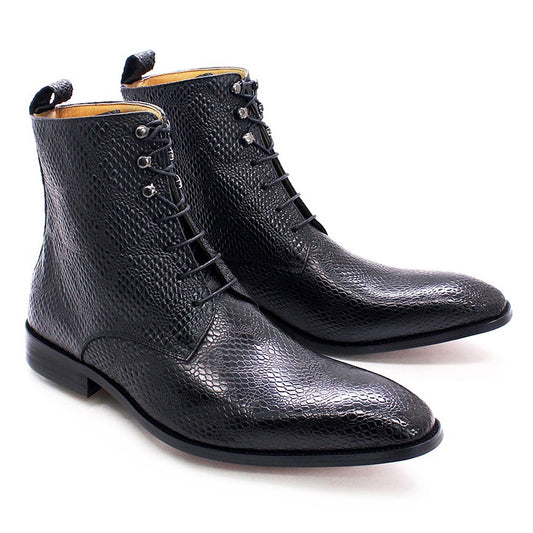 Men's Ankle Boots Real Cow Leather Snake Print British Style Office Street Vintage Handmade Man Pointed Toe Lace Up Martin Boots