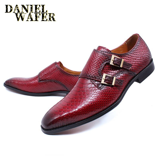 Luxury Men Loafers Snake Skin Prints Casual Leather Shoes Double Metal Buckle Slip On Red Black Office Wedding Dress Men's Shoes