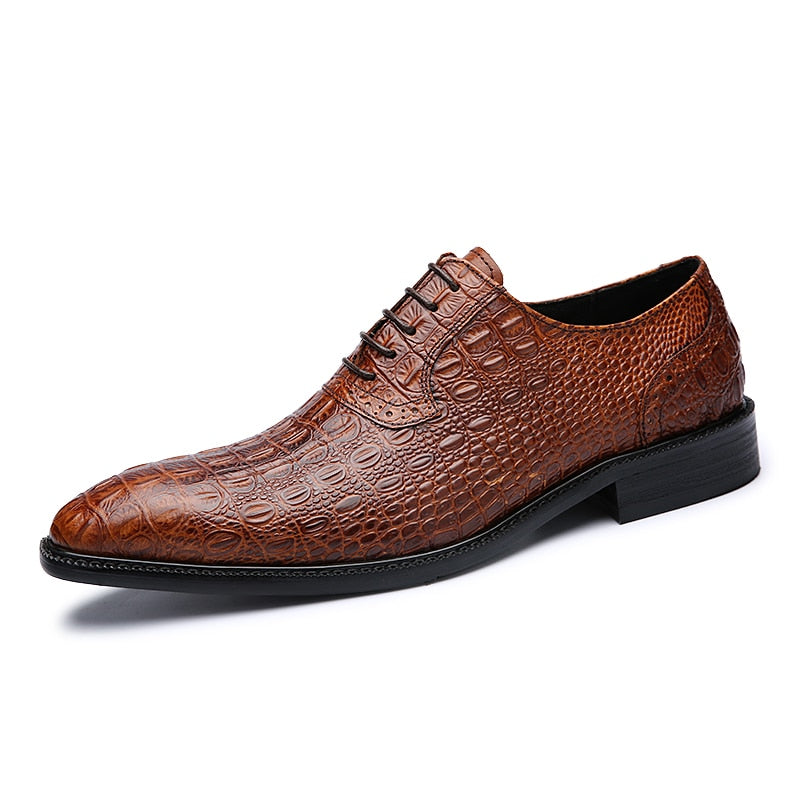 Alligator Style Mens Wedding Shoes Lace Up Oxford Genuine Leather Crocodile Print Party Business Brown Dress Shoes for Men Brown
