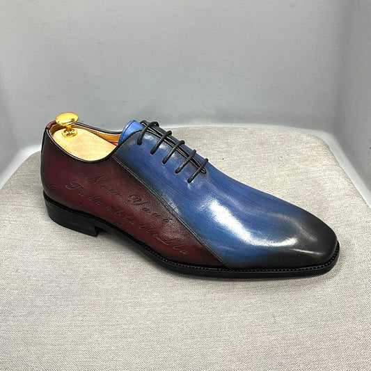 Men Genuine Cow Leather Oxford Shoes Blue and Red Stitching Lace Up Social Formal Wear Man Wedding Dress Office Pointed Toe Shoe