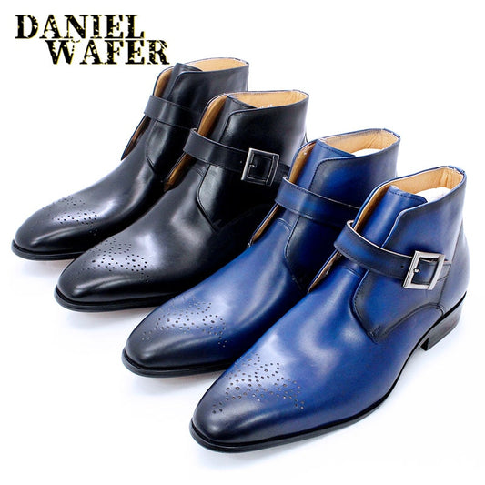 Luxury Men's Boots Genuine Leather Basic Ankle Boot Men Dress Shoes Black Blue Pointed Toe Slip On Buckle Strap Casual Men Boots