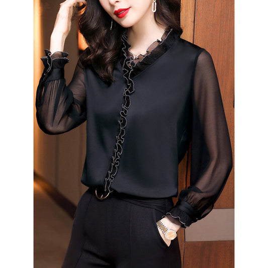 Lace Ruffles Chiffon Shirts Women&#39;s Clothing 2023 Autumn Winter New Office Lady Long Sleeve Pullovers Vintage Elegant Blouse 4XL