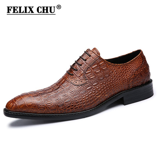 Alligator Style Mens Wedding Shoes Lace Up Oxford Genuine Leather Crocodile Print Party Business Brown Dress Shoes for Men