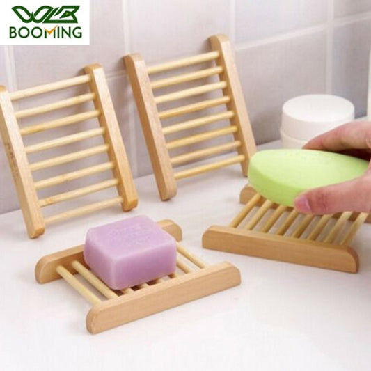 WBBOOMING 1pcs/6pcs Natural Wooden Bamboo Soap Dish Tray Rack Plate Box Holder Soap Storage Organizer Bathroom Drain Shelves