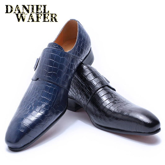 Fashion Men's Loafers Shoes Black Blue Stones Prints Buckle Strap Loafers Men Casual Shoes Formal Dress Summer Leather Shoes