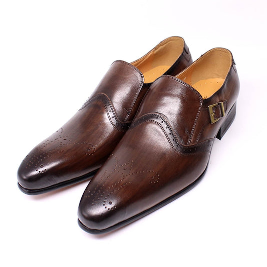 Men Classic Formal Genuine Cow Leather Fashion Oxford Shoes with Buckle Wedding Dress Pointed Toe Slip on Loafer Shoes for Men