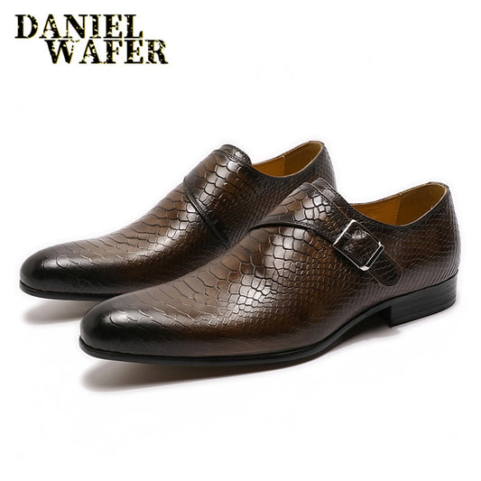 Luxury Men Loafers Shoes Snake Skin Prints Formal Men Dress Casual Shoes Black Coffee Slip Pointed Toe Genuine Leather Shoes Men