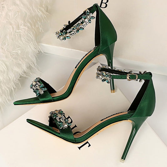 2023 Women 9cm High Heels Crystal Sandals Wedding Bridal Stiletto Heels Sandles Glitter Prom Elegant Stripper Satin Strap Shoes