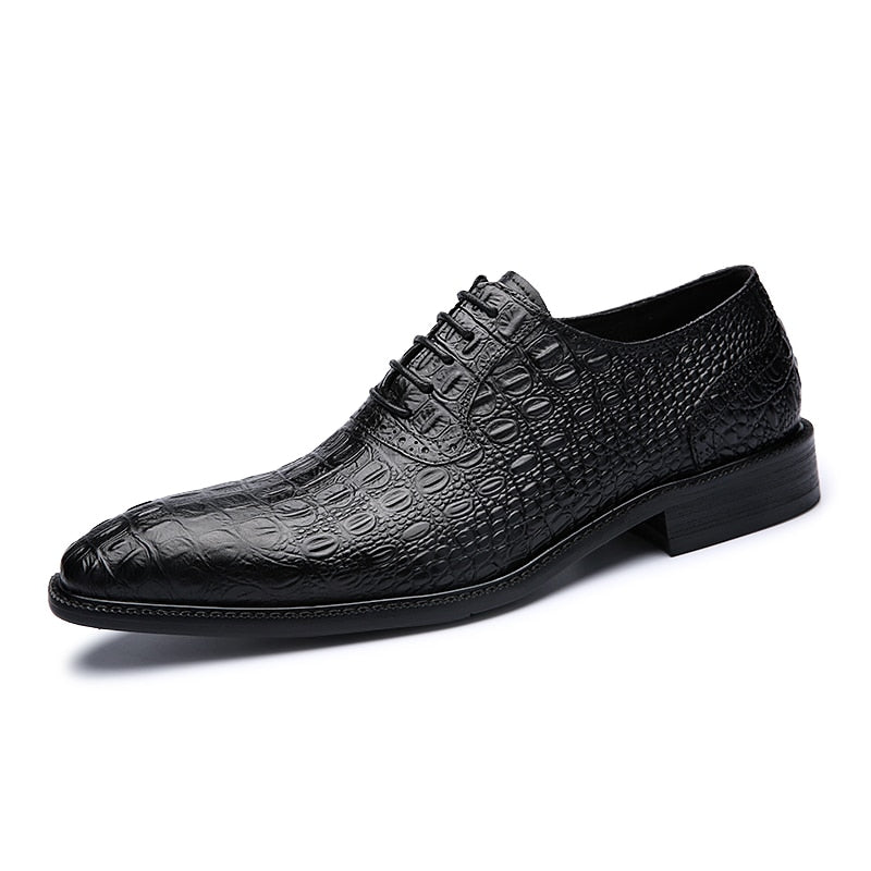 Alligator Style Mens Wedding Shoes Lace Up Oxford Genuine Leather Crocodile Print Party Business Brown Dress Shoes for Men Black