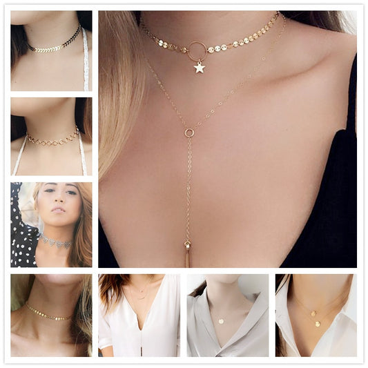 New Round Coin Chokers Necklace Collares Bar Pendant Multilayers Statement Long Chain Tassel Clavicle Collar Women Jewelry