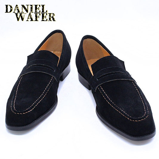 Luxury Brand Men's Loafers Suede Shoes Slip on Penny Loafer Black Casual Shoes Wedding Office Summer Dress Leather Shoes for Men