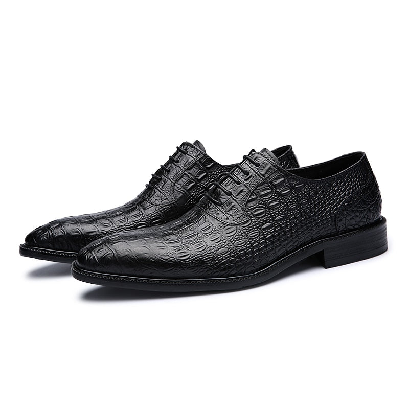Alligator Style Mens Wedding Shoes Lace Up Oxford Genuine Leather Crocodile Print Party Business Brown Dress Shoes for Men