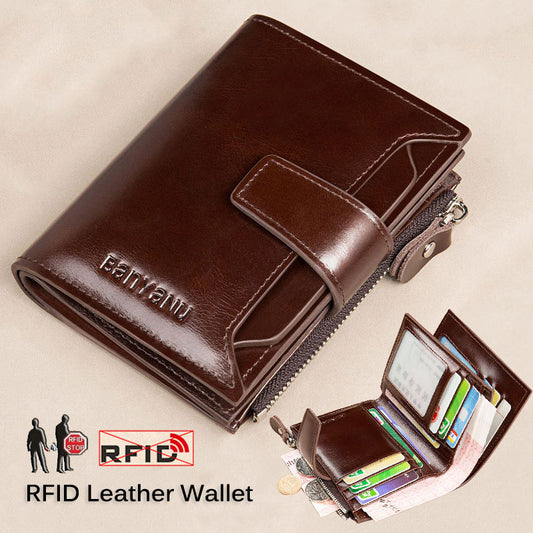 Men&#39;s Genuine Leather RFID Blocking Trifold Wallet Short Vintage Multi function Credit Card Holder Coin Zipper Pocket Money Bags