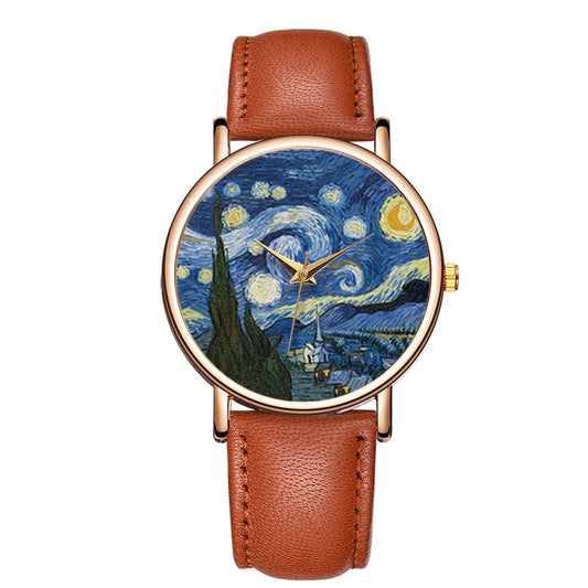 New Fashion Women Watch Top Brand Van Gogh&#39;s Starry Sky Men Watches Leather Strap Quartz Clock Couple Gift Reloj Mujer Hombre