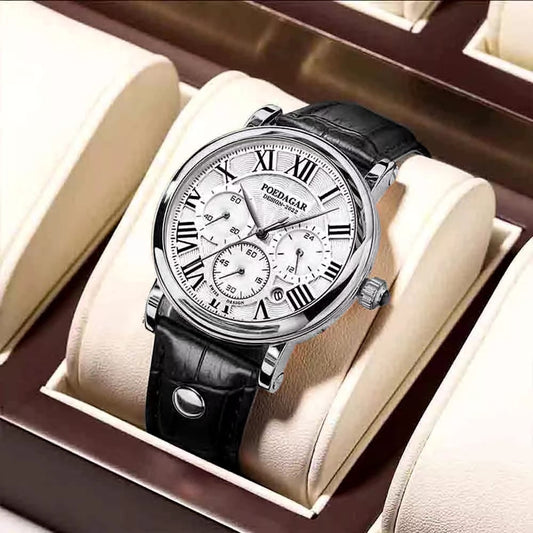 POEDAGAR Men Watch Fashion Chronograph Quartz Watches High Quality Leather Waterproof Luminous Week Date Business Man Wristwatch
