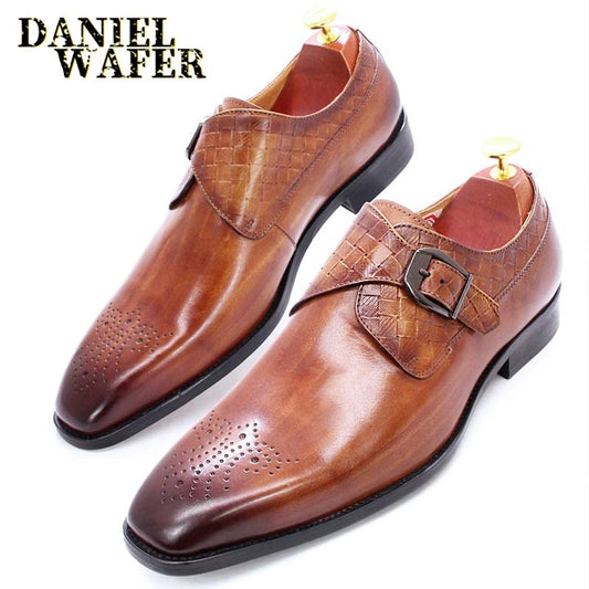 Luxury Mens Loafers Shoes Genuine Leather Weave Prints Brogue Buckle Strap Men Casual Shoes Formal Dress Wedding Shoes for Male