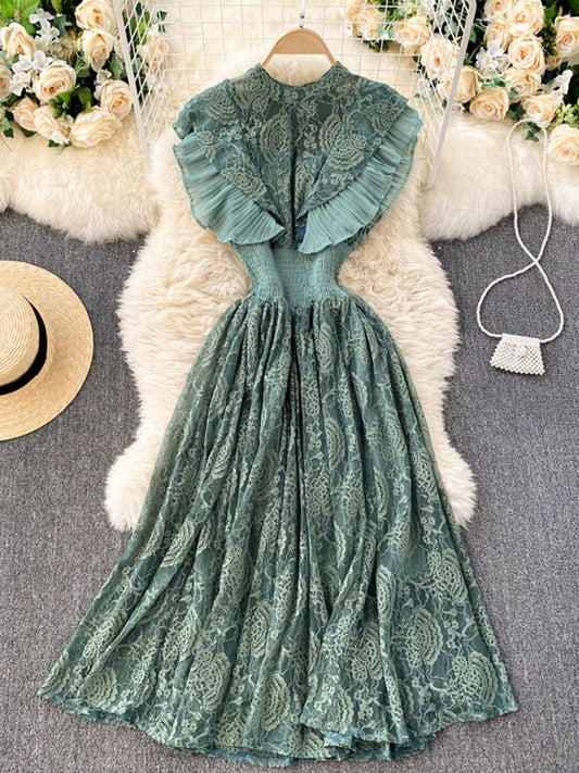 Summer Temperament Fashion Vestidos Women's French Elegant Pleated Ruffled Waist and Thin Temperament Lace Midi Dress C416